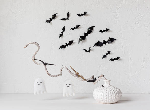 istock Modern interior decoration for halloween celebration with handmade ghosts, spiders, bats 1431326697