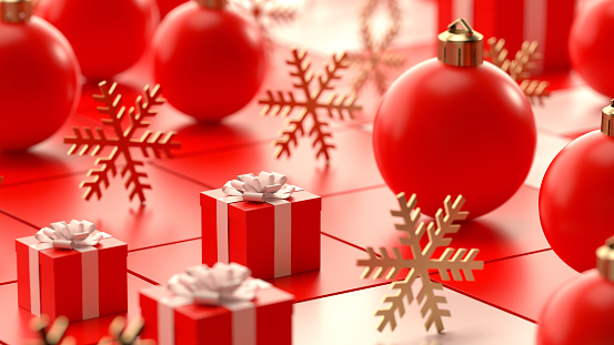 Christmas ornaments new year background isometric view, 3d render.