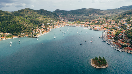 Aerial view on sailboats in Vathy bay, Ithaca (Ithaka), Greece.