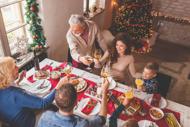 familia haciendo un brindis por la cena de navidad - los niños y los padres brindis bebidas mientras almuerza fotografías e imágenes de stock