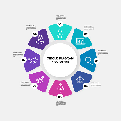 Infographic circular chart divided into 8 parts. Step-by step cycle diagram with eight options