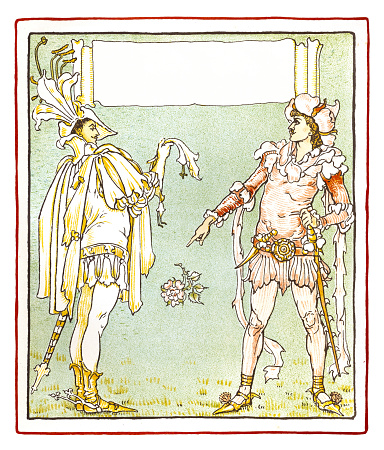 Medieval noble men stoke up feud Art nouveau design book illustration 1899
Original edition from my own archives
Source : Queen Summer or The journey of the Lily and the rose - Walter Crane 1899
Walter Crane ( 15 August 1845  14 March 1915 ) was an English artist and book illustrator. He is considered to be the most influential, and among the most prolific, children's book creators of his generation.