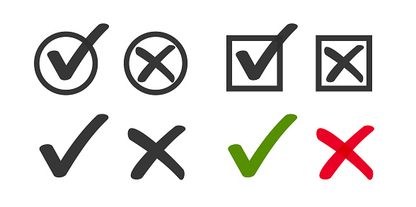 Square checkbox check mark pictogram handdrawn drawn set vector or checkmark confirm survey vote list element doodle black and white green red color clipart