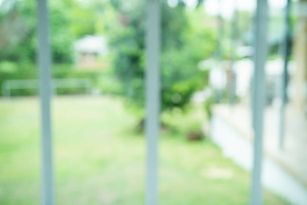 istock Interior view looking out toward to Green natural garden Blur background, Window view with Blur green bokeh light outdoor natural garden. 1431336285