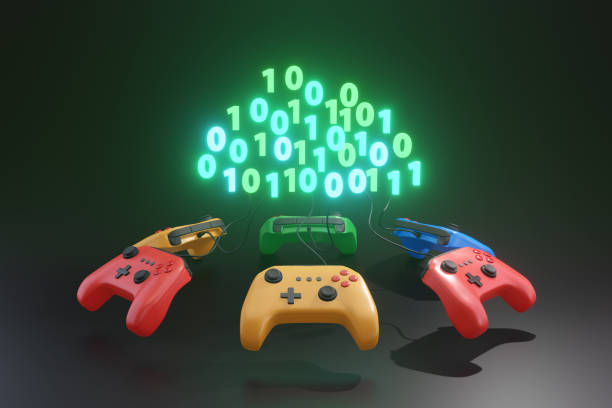 istock Colorful game controllers connecting to a binary digital cloud. Illustration of the concept of cloud computing, cloud gaming and consoleless gaming era 1431337451