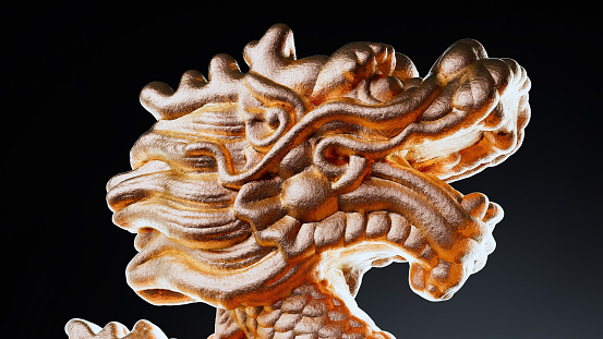 Image of a precious luxurious golden dragon head on a black bakground for an oriental design and art decoration in creative spaces