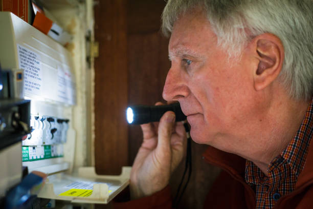 istock Senior man checking home fuse box during power outage 1431343322
