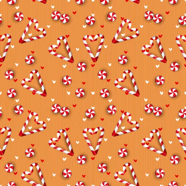 Vector illustration of Sweet festive seamless pattern in cartoon style. Caramels and lollipops on a cardboard background. Stylish background for online order, web page, app design and print.
