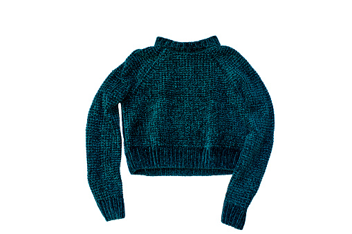 Dark green women's sweater isolated on white background. Top view, clipping path.