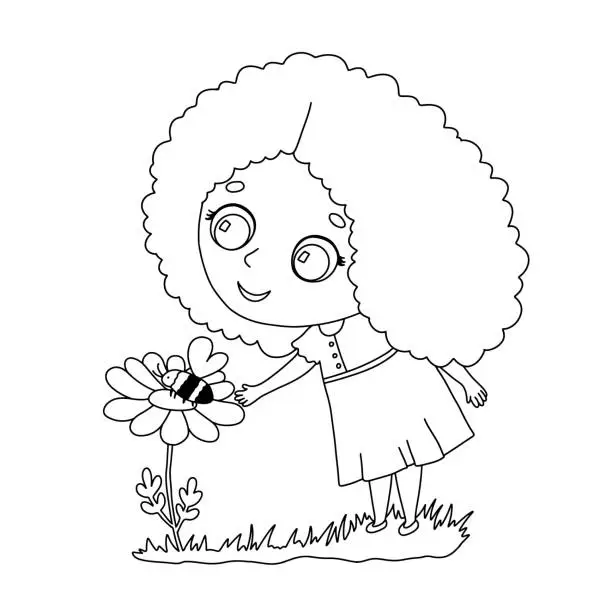 Vector illustration of Vector black and white girl with flower and bumble bee illustration. Cute outline kid for coloring page isolated on white