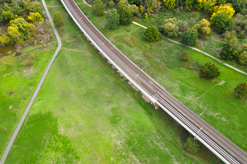 Empty railroad track - aerial view