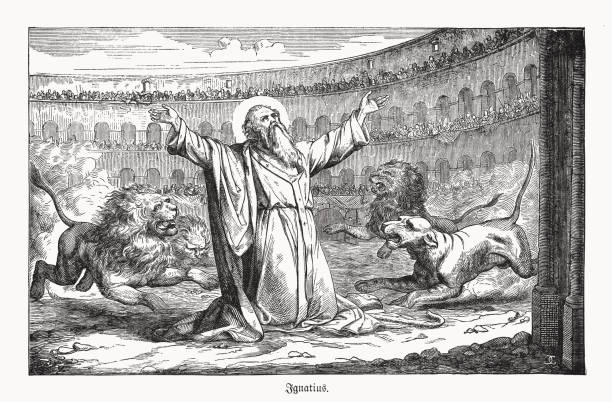 Martyrdom of the Saint Ignatsius, wood engraving, published in 1894 The Martyrdom of the Saint Ignatsius of Antioch in the Colosseum of Rome. Ignatius of Antioch (died c. 108/140 AD), was an early Christian writer and Patriarch of Antioch. While en route to Rome, where he met his martyrdom, Ignatius wrote a series of letters, which serve as an example of early Christian theology. Important topics they address include ecclesiology, the sacraments, and the role of bishops. Wood engraving, published in 1894. martyr stock illustrations