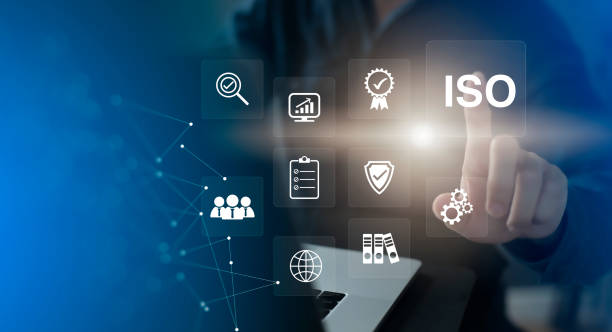 istock ISO Certification of standards quality control assurance business technology concept. Businessman touching virtual screen iso certification icon to guarantee. 1431347524