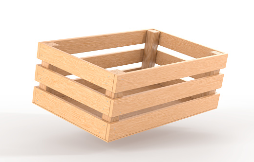 Wooden box angle view 3D render. Blank wood crate, timber plank container, tray or pallet for storage, transportation and delivery farm fruit or vegetable isolated on white background, 3D illustration