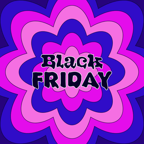 Retro Groovy Black Friday background Retro Groovy Black Friday background. Vintage psychedelic pattern 90s style. Cartoon vector illustration for sale banner, web advertising, promo, social media post design template 21st century style stock illustrations