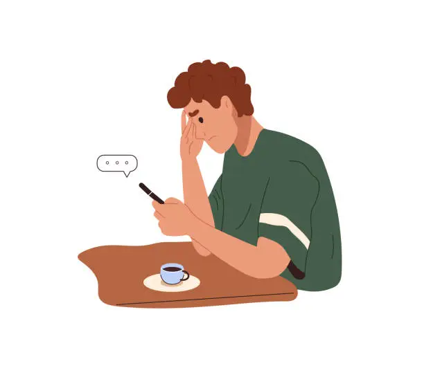 Vector illustration of Man with mobile phone typing online message while drinking coffee