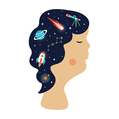 Silhouette of a woman with astronomic symbols inside her, vector illustration.