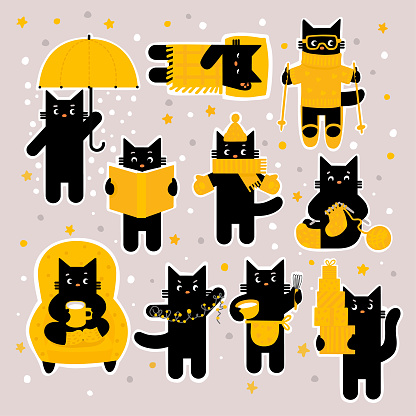 Vector illustration of a funny black cat  doing winter and christmas activities