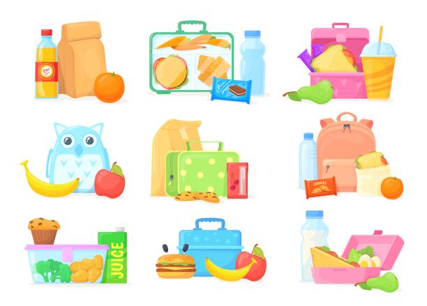 School lunch boxes. Lunchbox kid snacking break, food container backpack with healthy bento meal fruit homemade sandwich cake, lunches bag picnic School lunch boxes. Lunchbox kid snacking break, food container backpack with healthy bento meal fruit homemade sandwich cake, lunches bag picnic dinner, neat vector illustration bag lunch stock illustrations