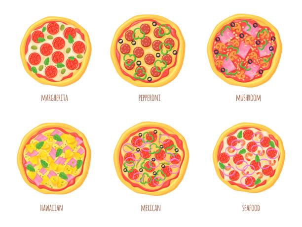 ilustraciones, imágenes clip art, dibujos animados e iconos de stock de vista superior de la pizza de dibujos animados. pizzas italianas o hawaianas con coberturas, trozo de rebanada de champiñones de queso pepperoni ingredientes de carne cocina europea, conjunto de alimentos redondos ilustración vectorial ordenada - shrimp cocktail