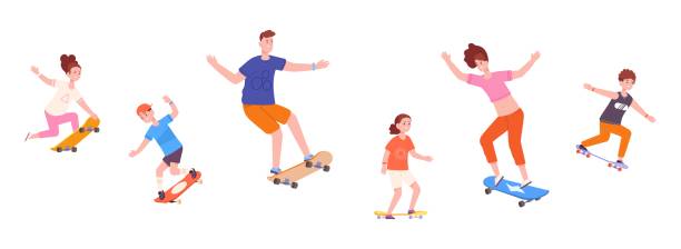 ilustrações, clipart, desenhos animados e ícones de jovens patinadores a bordo. mulher e homem longboarder crianças patinando longboarding, treino de ação extremamente andar longboard, adolescentes menina cara patinar - skateboard park skateboarding skateboard adolescence