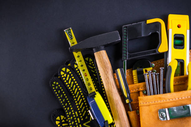 istock Tools in the bag for carpentry and accessories on a black background. 1431352208