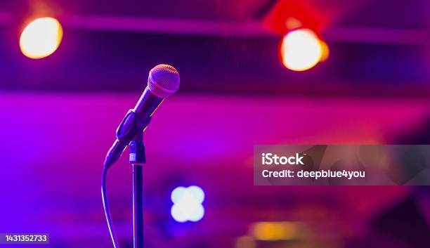Microphone On The Stage At The Concert In The Evening Stock Photo - Download Image Now