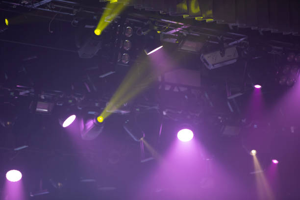istock Background stage light of yellow spotlights on a purple background. 1431353378