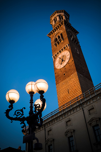 Verona's tallest medieval tower seen at dusk