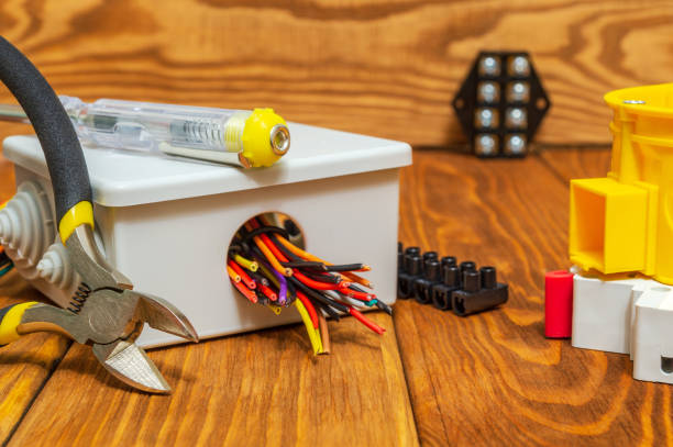 istock Electrical junction boxs with cables wire and tool used in the electric installation process 1431355854