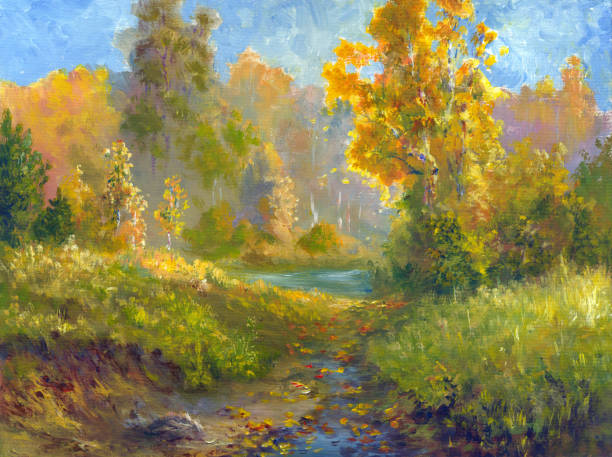 晴れた日に秋の森の川、絵画 - paintings watercolor painting landscape autumn点のイラスト素材／クリップアート素材／マンガ素材／アイコン素材