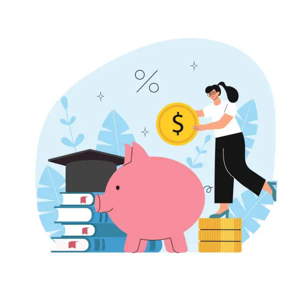 Vector illustration of Small woman investing a coin into a piggy bank. Piggy bank and graduation hat on stack on school textbooks. Concept of money investment in education with coins.