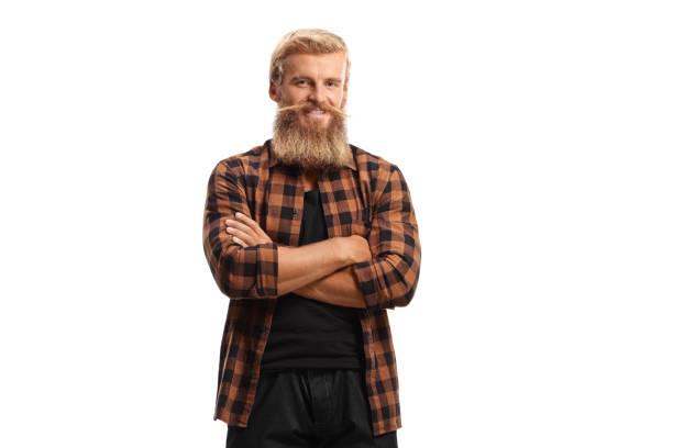 istock Young blond bearded man with mustache wearing checkered shirt 1431357787