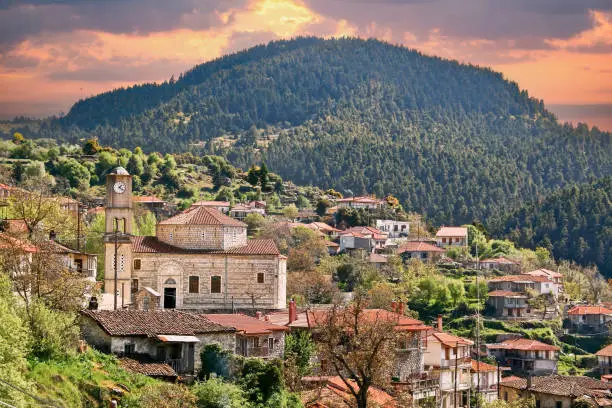 Photo of view of mountainous wintry village, Valtesiniko in Arcadia, Peloponnese, Greece
