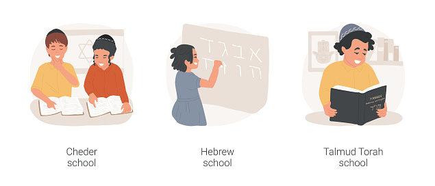Jewish religious education isolated cartoon vector illustration set. Traditional Cheder elementary school, kid writing Hebrew letters, Talmud Torah texts, Judaism school program vector cartoon.
