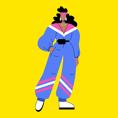 A fashionable girl in a bright jumpsuit in the style of the 90s or 80s. Stylish woman in retro sportswear