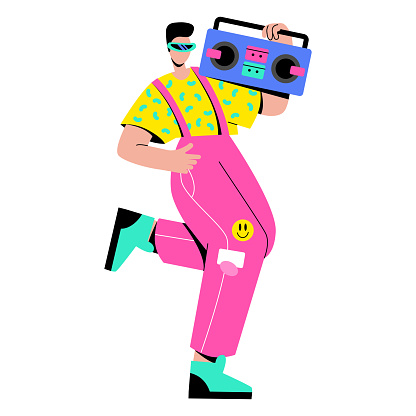 A fashionable guy listens to music in the style of the 90s or 80s. A stylish man in bright clothes with a retro tape recorder dancing