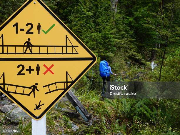 Mature Woman Backpacker Crossing A Small Footbridge Routeburn Track Mount Aspiring National Park New Zealand Stock Photo - Download Image Now