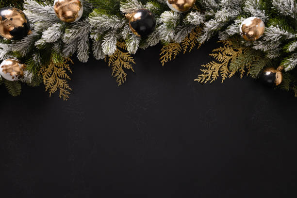 istock Christmas frame with golden balls, snowy fir branches. 1431369566