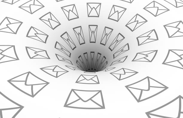 символ конверта перетекает в бездонную воронку - computer software tunnel data technology стоковые фото и изображения