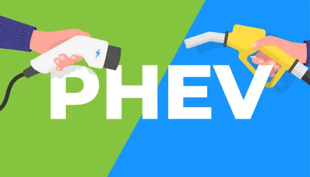 Vector illustration of PHEV, Plug-in hybrid electric vehicle banner. Hand holding gas pump and power connector for refuel.
