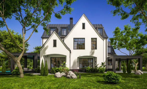 istock 3d rendering of white and black modern Tudor house 1431373850