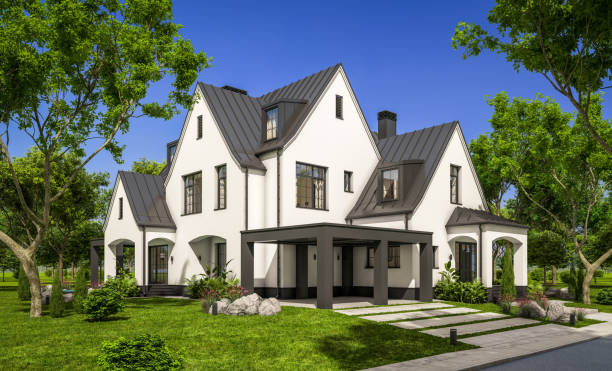 istock 3d rendering of white and black modern Tudor house 1431373914