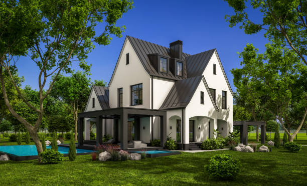 istock 3d rendering of white and black modern Tudor house 1431373942