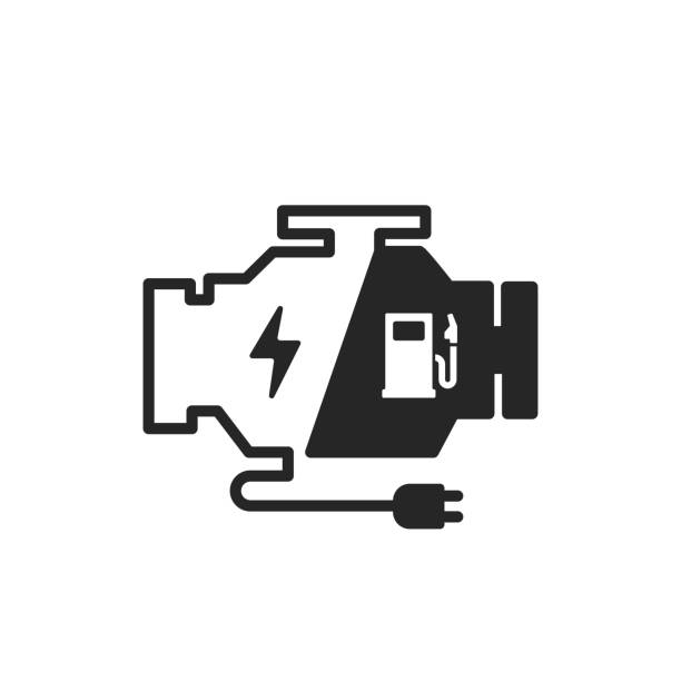 plug-in-hybrid-elektrofahrzeug (phev) motor-symbol. isoliert auf weißem hintergrund. - fahrzeug mit hybrid antrieb stock-grafiken, -clipart, -cartoons und -symbole