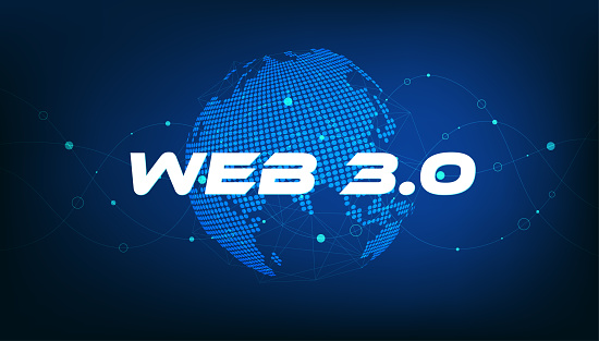 Web 3.0 text on dot world planet. New version of the website using blockchain technology, cryptocurrency, and NFT art. vector.