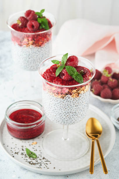 istock Chia pudding. Healthy vanilla chia pudding in glass with fresh raspberries and mint on white background. Vegan healthy breakfast. 1431376276