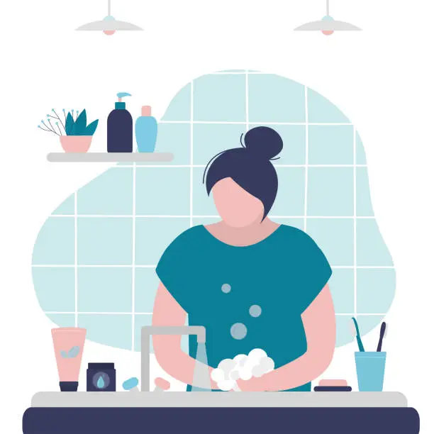 Vector illustration of Woman washing hands with soap in bathroom. Young adult observes hand hygiene to prevent spread of germs. Girl washes dirty hands in foam. Disinfection protects against bacteria.