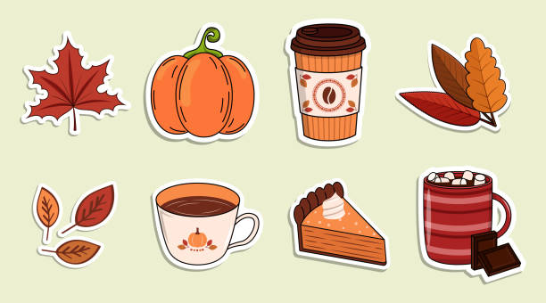 Autumn vector stickers collection. Hot coffee and tea, pumpkin pie and chocolate. Colorful food and leaves set vector art illustration