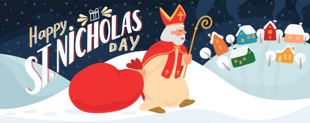 Happy Saint Nicholas Day Happy Saint Nicholas Day. St. Nicolas carries gift bag in winter village with hand drawn greeting lettering. sinterklaas nederland stock illustrations